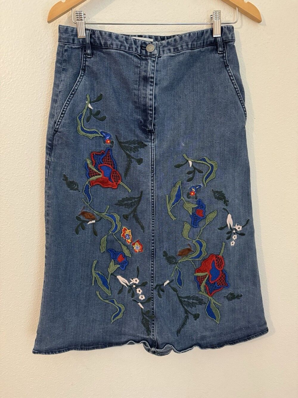 Tibi Denim Embroidered Floral Midi Skirt Size 12 Boho Cottagecore Girly Modest